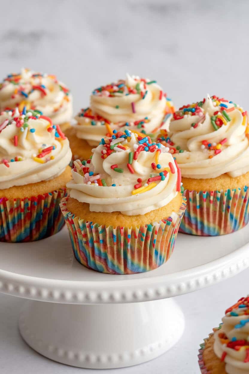 Photo taken indoors of colorful sprinkle-filled funfetti cupcakes with vanilla frosting and extra rainbow sprinkles cascading down the sides, displayed on a white ceramic platter. No text or logos present.
