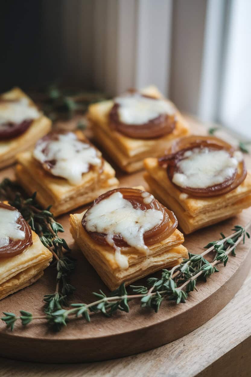 Softly lit indoor shot of a board featuring mini puff pastry squares topped with caramelized onions and melted Gruyère, surrounded by thyme sprigs. No text or logos.