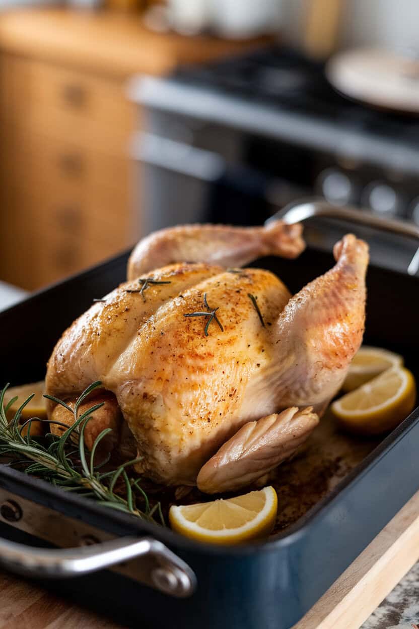 An indoor roasting pan holding a golden spatchcock chicken with sprigs of rosemary and lemon wedges—photo, no text or logos