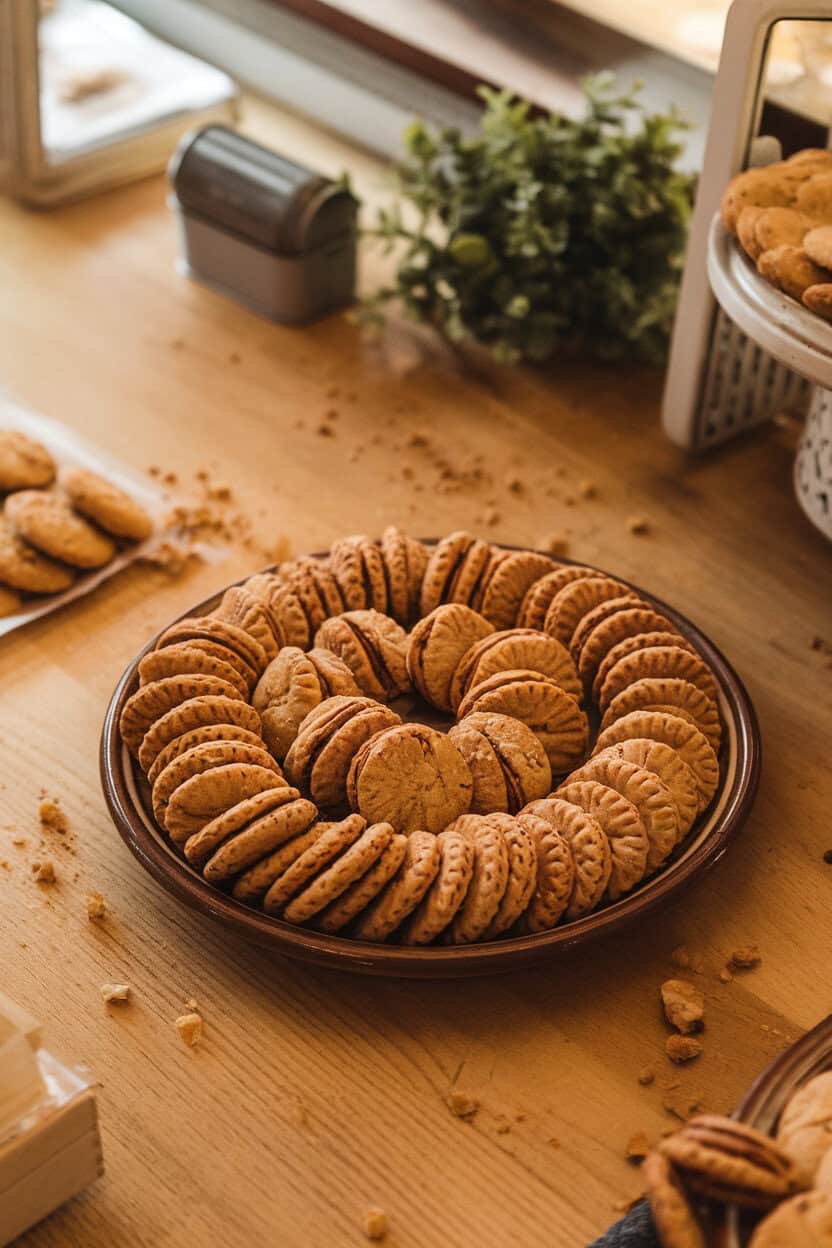 Photo prompt: A ceramic plate of pecan sandies on a wooden bakery counter indoors, crumbs scattered artfully. No text or logos visible.