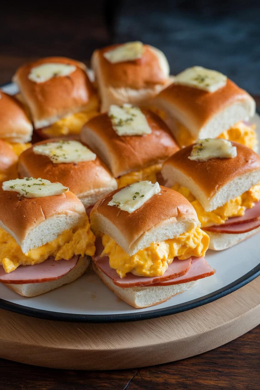 Indoor platter of small slider buns filled with scrambled eggs, melted cheddar, and thin ham slices, brushed with garlic butter on top. No text or logos. Photo, not illustration.