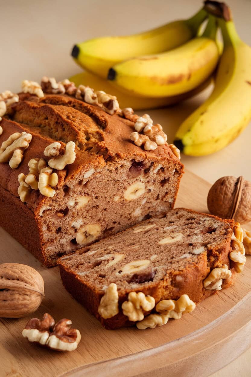Indoor shot of a banana nut loaf partially sliced, walnuts sprinkled around, ripe bananas in soft focus behind. No text or logos.