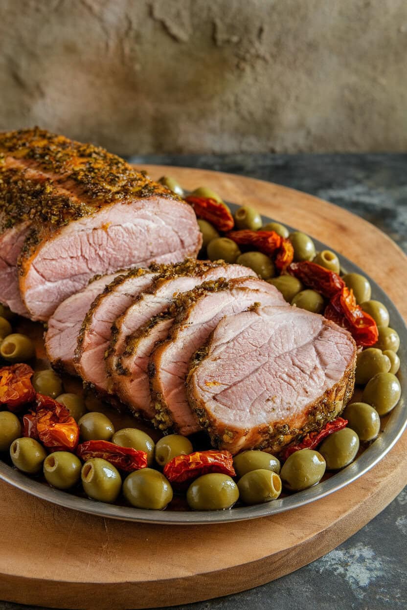 Indoor serving platter with sliced pork loin revealing colorful mix of olives and sun-dried tomatoes inside; no logos.