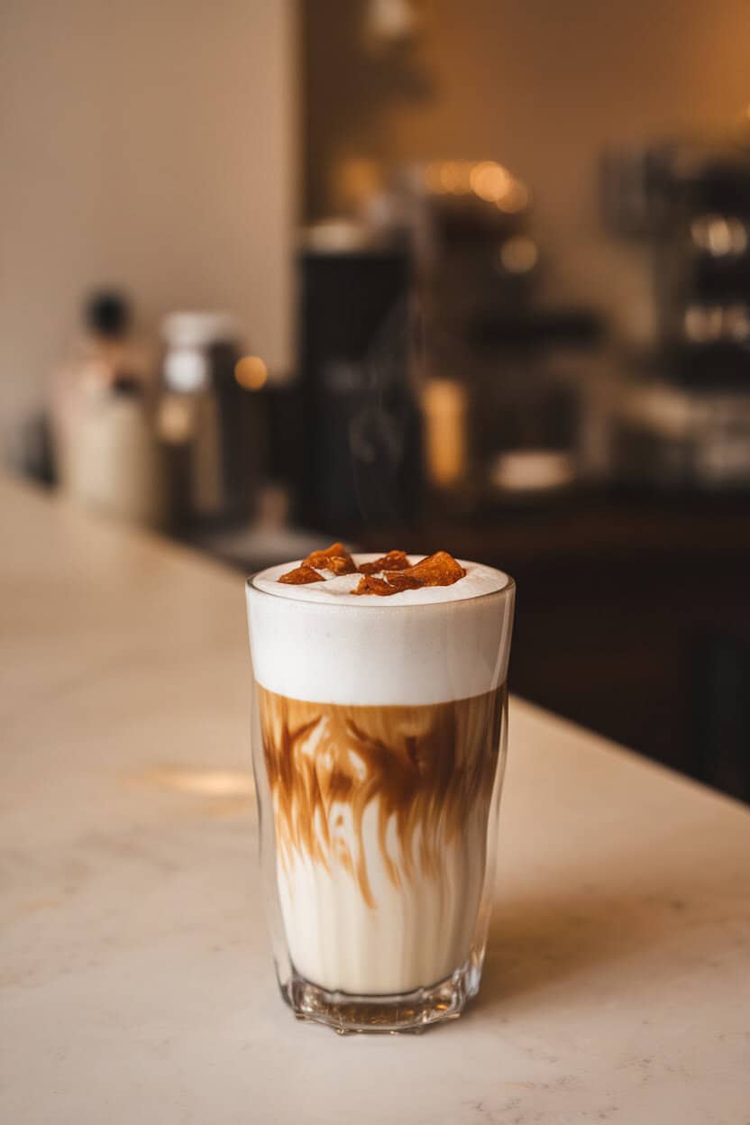 Indoor café counter, tall latte glass with layered milk and espresso, caramelized chestnut pieces on foam, gentle steam rising; no branding