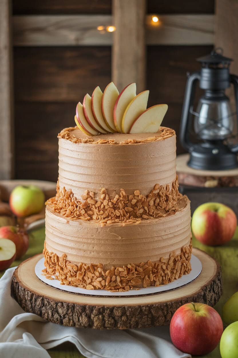 Indoor photo of a rustic two-layer apple spice cake with brown sugar frosting and thin apple fan topping, no text or logos
