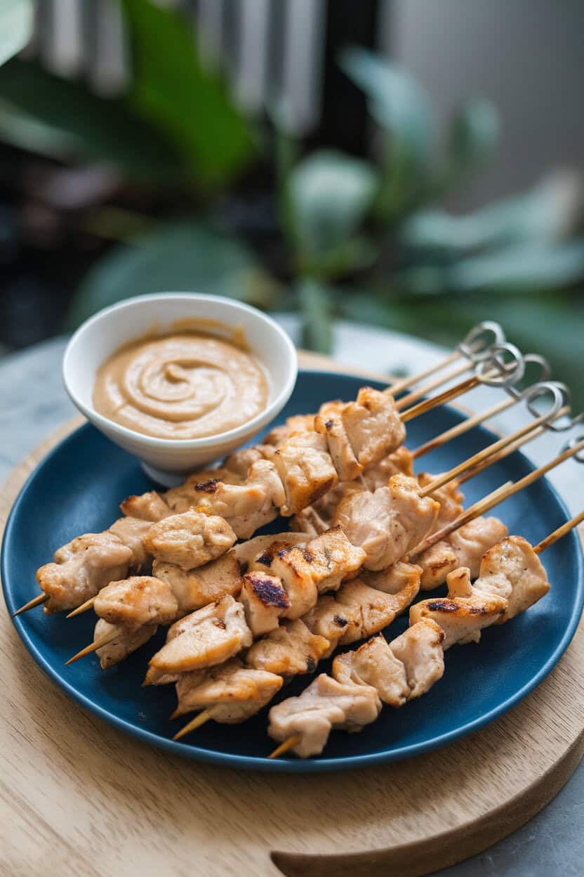An indoor platter of skewered chicken strips showing light grill marks, with a small bowl of creamy peanut sauce. No text or logos.