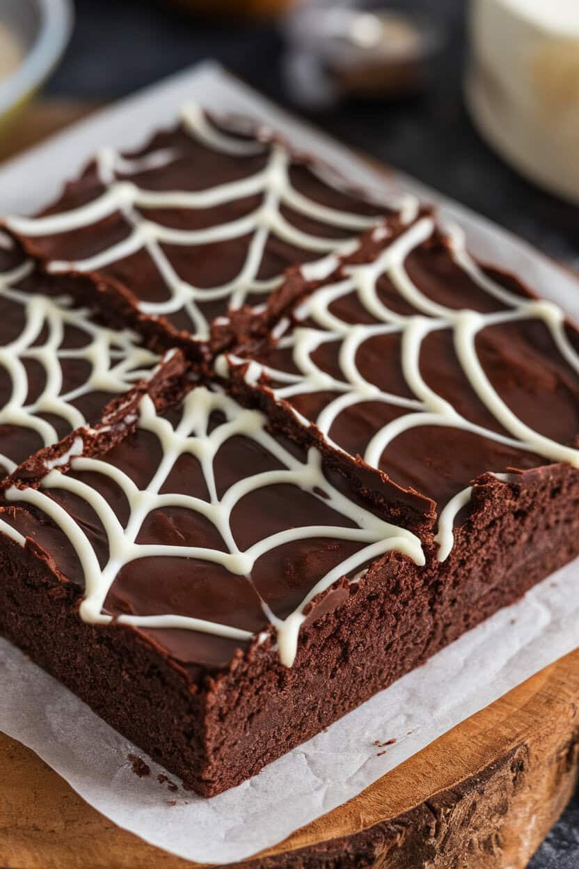 Close-up indoor shot of a pan of rich brownies with white chocolate spiderweb piping across the glossy top. No text or logos visible. Photo only.