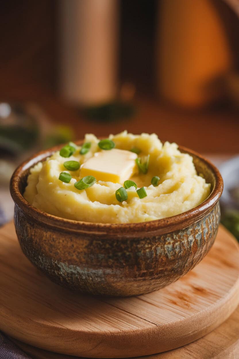 A rustic ceramic bowl brimming with creamy garlic mashed potatoes topped with melting butter, photographed indoors. No text or logos. Photo, not illustration.