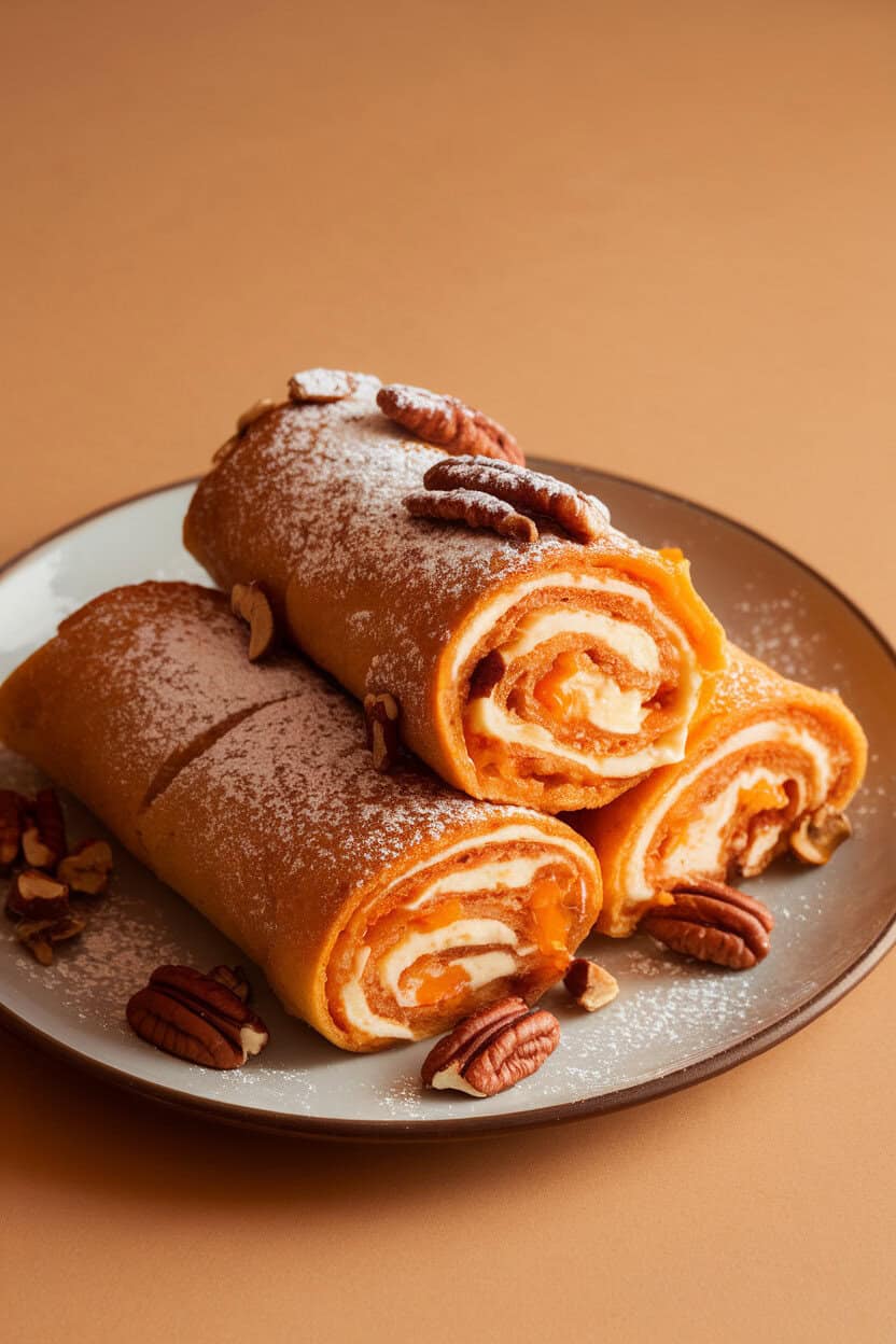Indoor plate with several French toast roll-ups filled with orange-cream cheese, rolled in chopped pecans, lightly dusted with powdered sugar. No text or logos. Photo, not illustration.