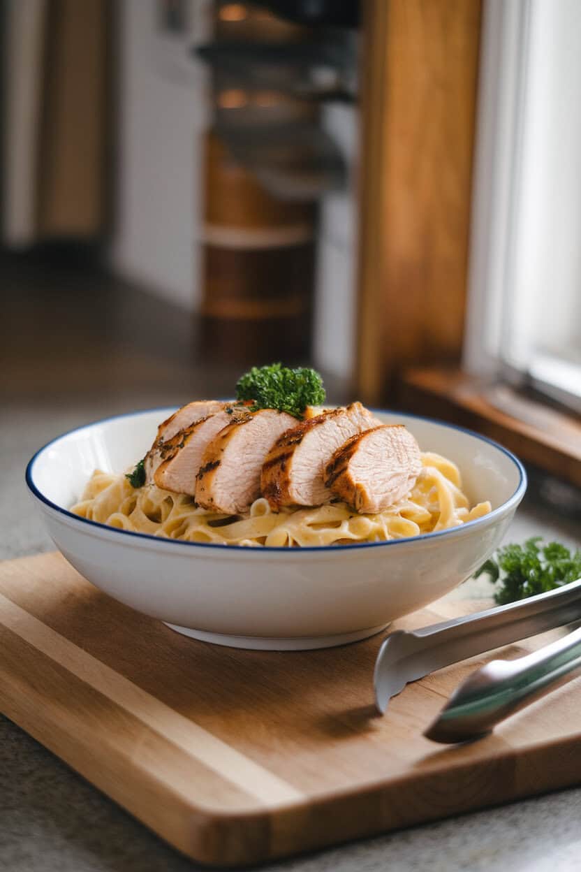 A white bowl on a kitchen counter brimming with fettuccine Alfredo topped with sliced grilled chicken and parsley; no text or logos; photo