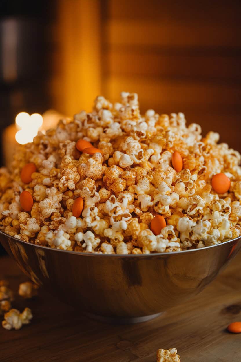 Photo, not illustration — indoor bowl overflowing with caramel-coated popcorn speckled with pumpkin pie spice and orange candy pieces; cozy movie-night lighting, no text or logos