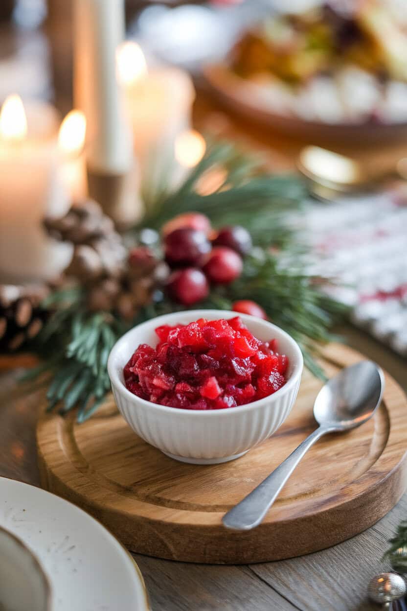 Photo of a small bowl of chunky cranberry-orange relish, spoon beside it on a holiday tablescape indoors. No text or logos.