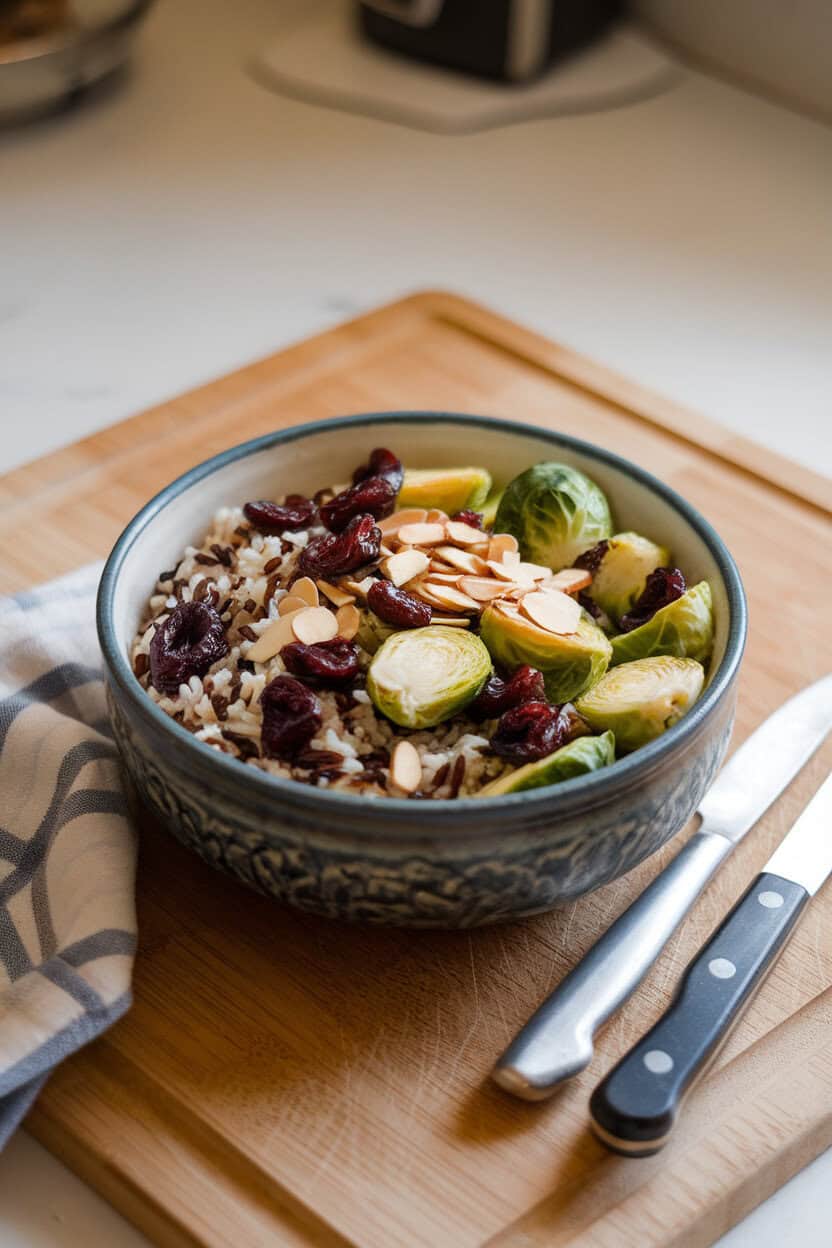 Indoor countertop showcasing a ceramic bowl filled with warm wild rice, roasted Brussels sprouts halves, dried cherries, and sliced almonds. Photo only, no text or logos.