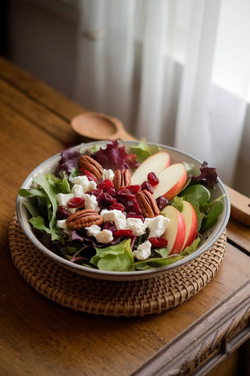An indoor wooden table with a shallow salad bowl brimming with mixed greens, red apple slices, toasted pecans, dried cranberries, and crumbled goat cheese; no text or logos. Photo.