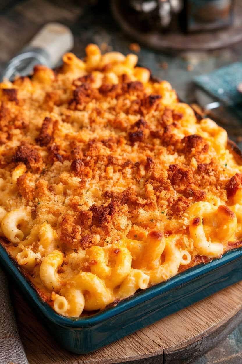 An indoor casserole dish of bubbling baked macaroni and cheese with browned breadcrumb topping; photo, no text or logos.