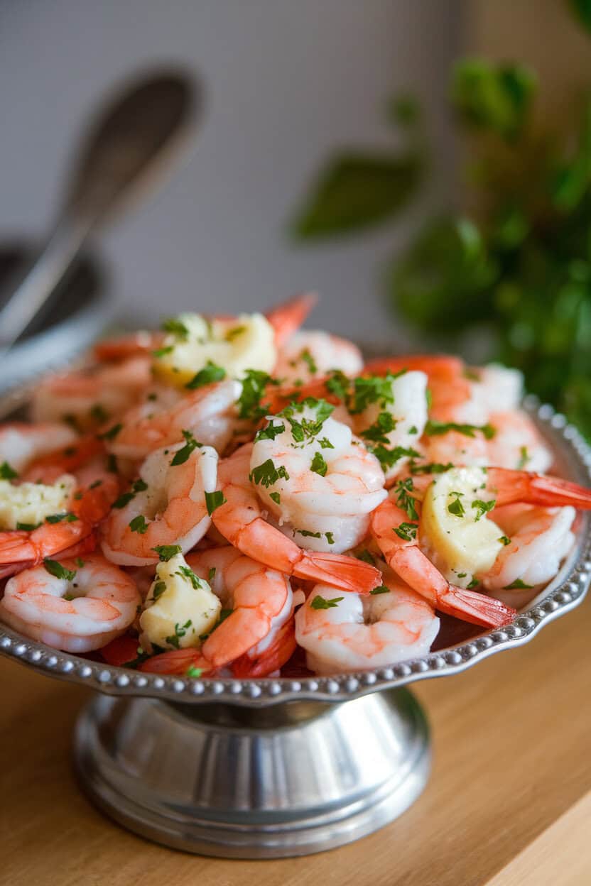 Indoor serving platter with cooked shrimp tossed in lemon garlic butter, garnished with chopped parsley. No text or logos. Photo, not an illustration.
