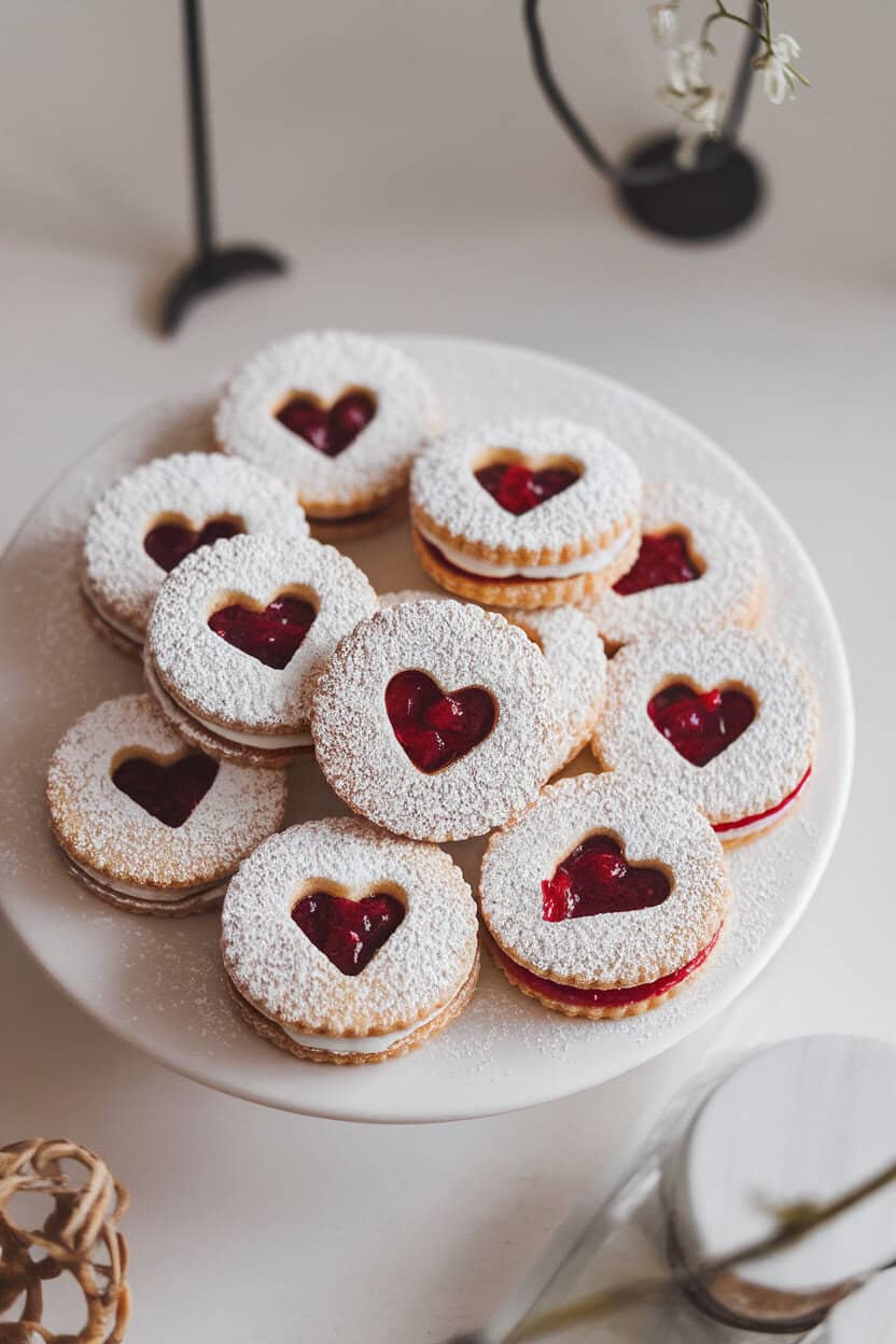 An indoor photo of round Linzer cookies with heart-shaped cutouts, raspberry jam peeking through, lightly dusted with powdered sugar on a white platter. No text or logos visible.