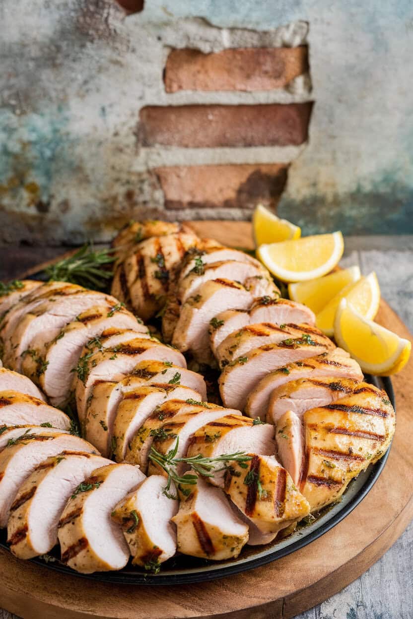 An indoor grill-pan scene with sliced lemon herb chicken breasts arranged on a platter, grill marks visible, and lemon wedges off to the side; no text or logos; photo