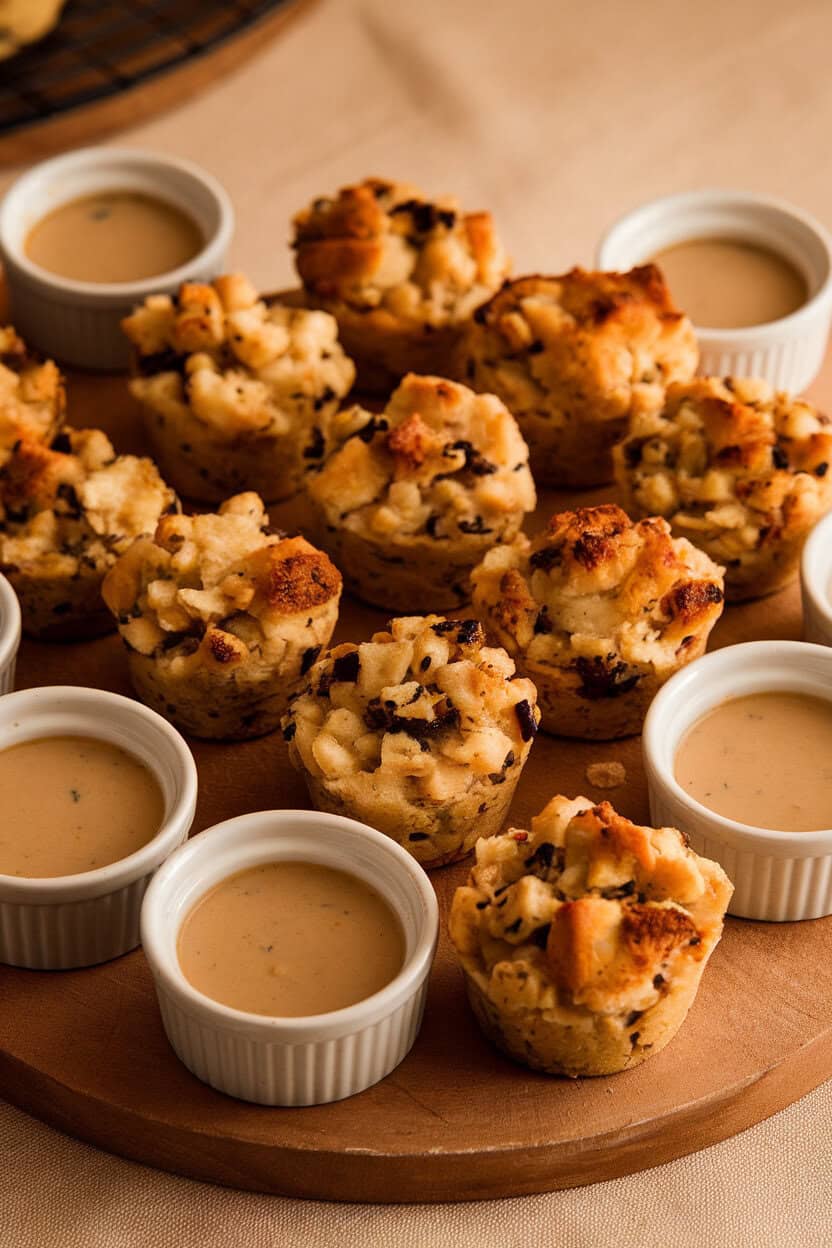 Indoor photo of mini muffin-sized stuffing cups arranged neatly on a board, surrounded by small ramekins of gravy for dipping. Warm lighting, no text or logos.