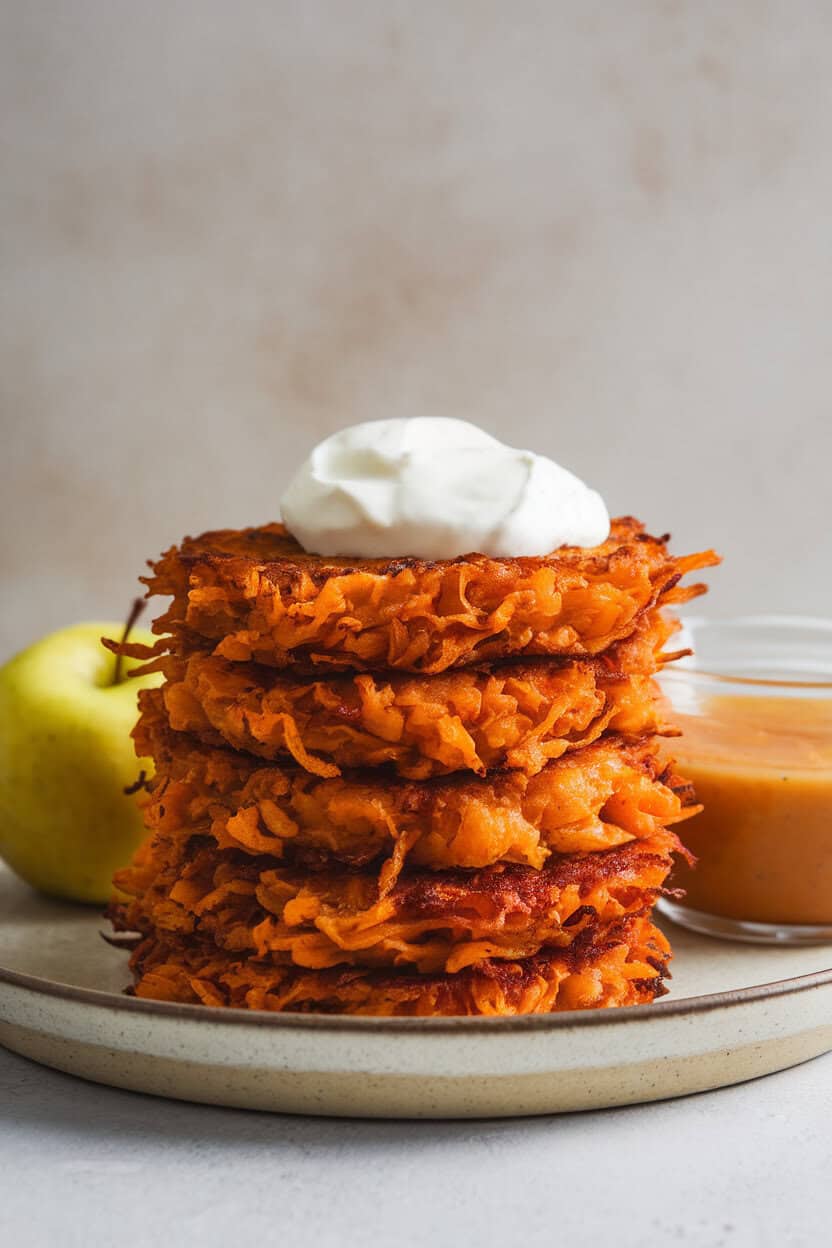 Photo of crisp sweet potato latkes stacked beside a dollop of sour cream and applesauce on an indoor serving platter. No text or logos.
