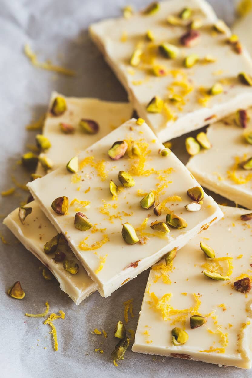 Indoor close-up of white-chocolate toffee dotted with lemon zest and chopped pistachios, on parchment. No text or logos.