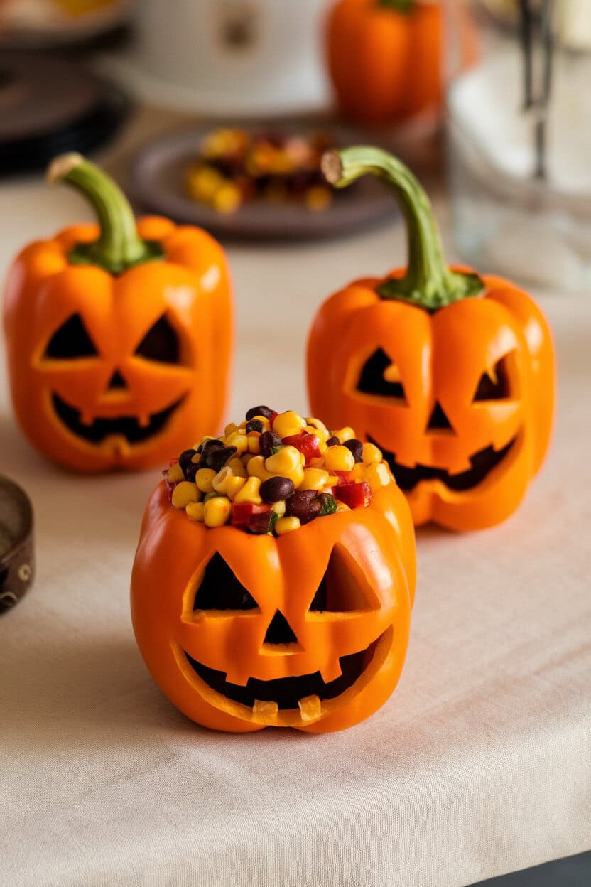 Hollowed orange bell peppers carved with simple jack-o’-lantern faces, filled with colorful corn and black bean salsa, set on an indoor table. No text or logos. Photo only.