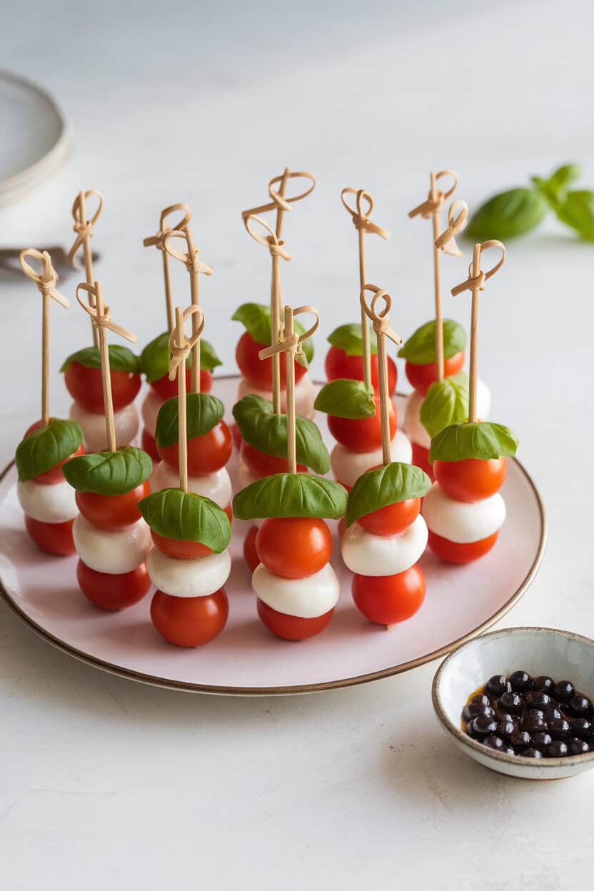 Indoor appetizer platter of mini skewers holding mozzarella pearls, cherry tomatoes, and basil leaves, topped with tiny balsamic pearls—no text or logos.