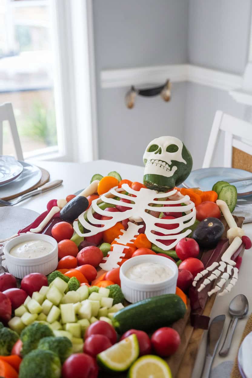 A brightly lit indoor dining table with assorted fresh vegetables arranged in the shape of a skeleton, ramekins of ranch dip at “hands.” No text or logos; photo only.