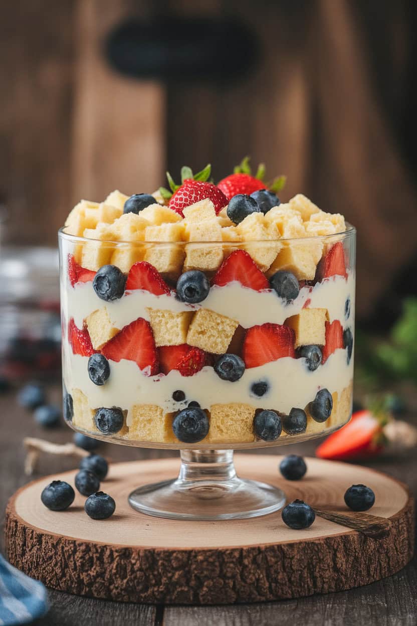 Indoor shot of a glass trifle dish layered with cubed pound cake, custard, strawberries, and blueberries. No text or logos. Photo, not illustration.