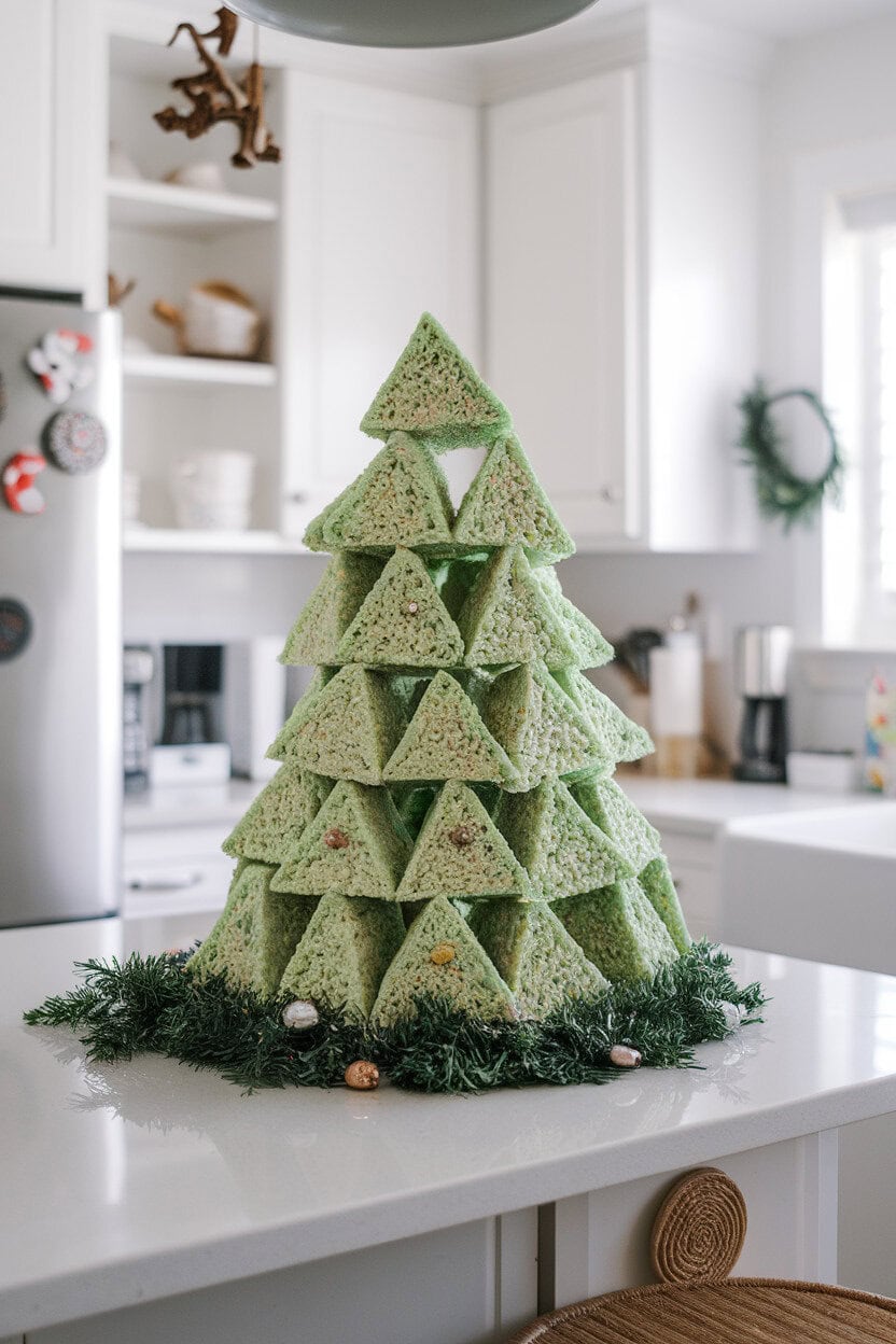 An indoor kitchen island featuring triangular green-tinted Rice Krispie treats stacked into tree shapes, decorated with small candy ornaments. No text or logos present. Photo, not illustration.