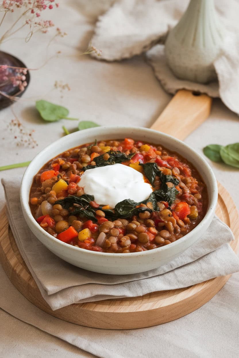 Indoor photo of a healthy bowl of lentil chili studded with wilted spinach, topped with plain yogurt; no text or logos