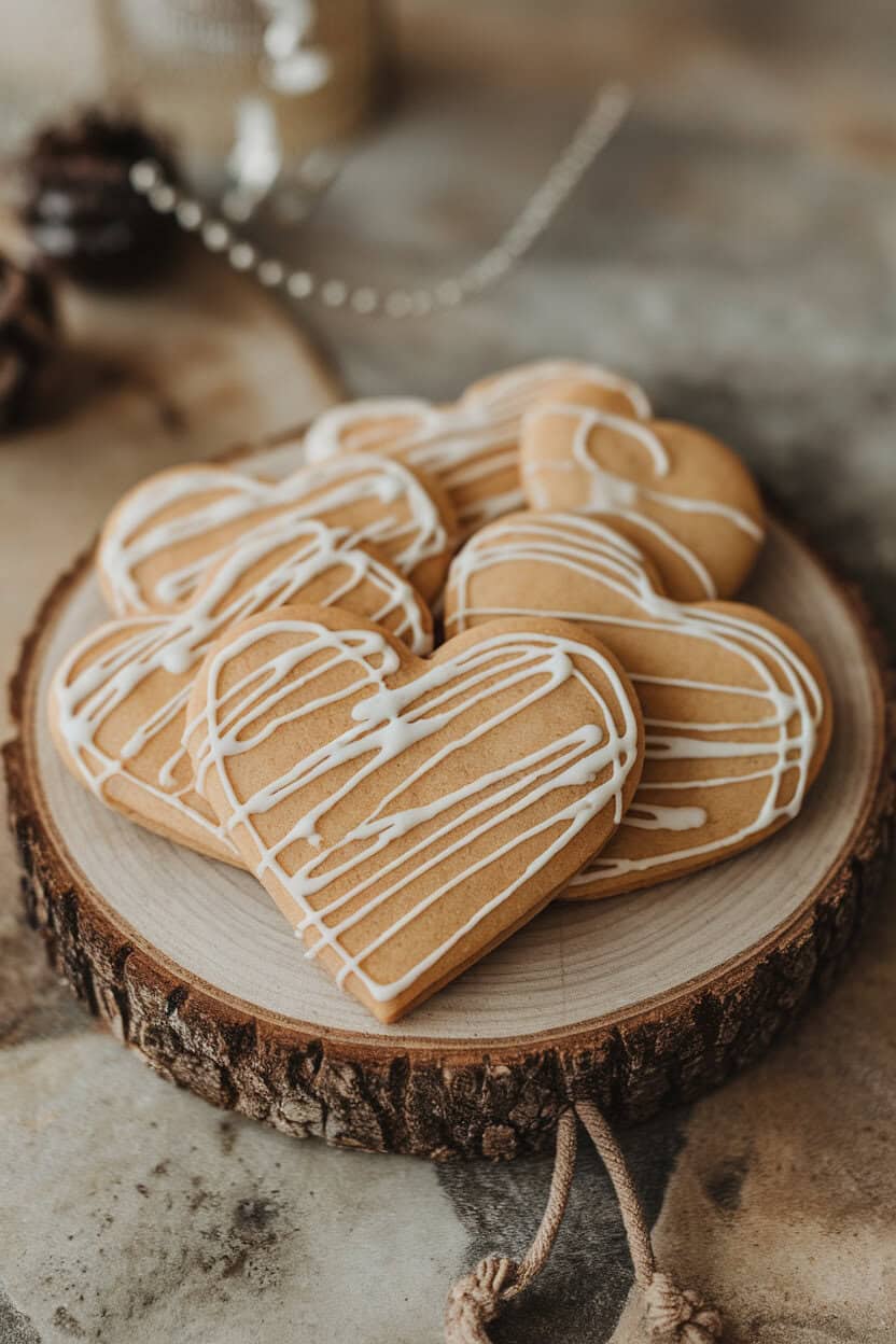 Indoor shot of heart-shaped German Lebkuchen cookies with thin sugar glaze, displayed on a rustic wooden board. No text or logos.