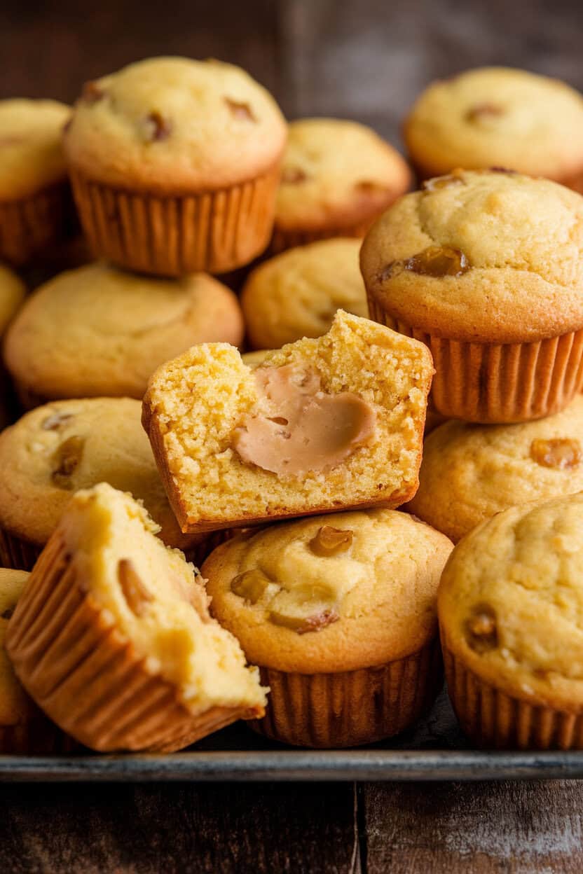 Indoor bakery tray featuring bite-size cornbread muffins, some split open with melting jalapeño-flecked honey butter—45-degree view, no text or logos.