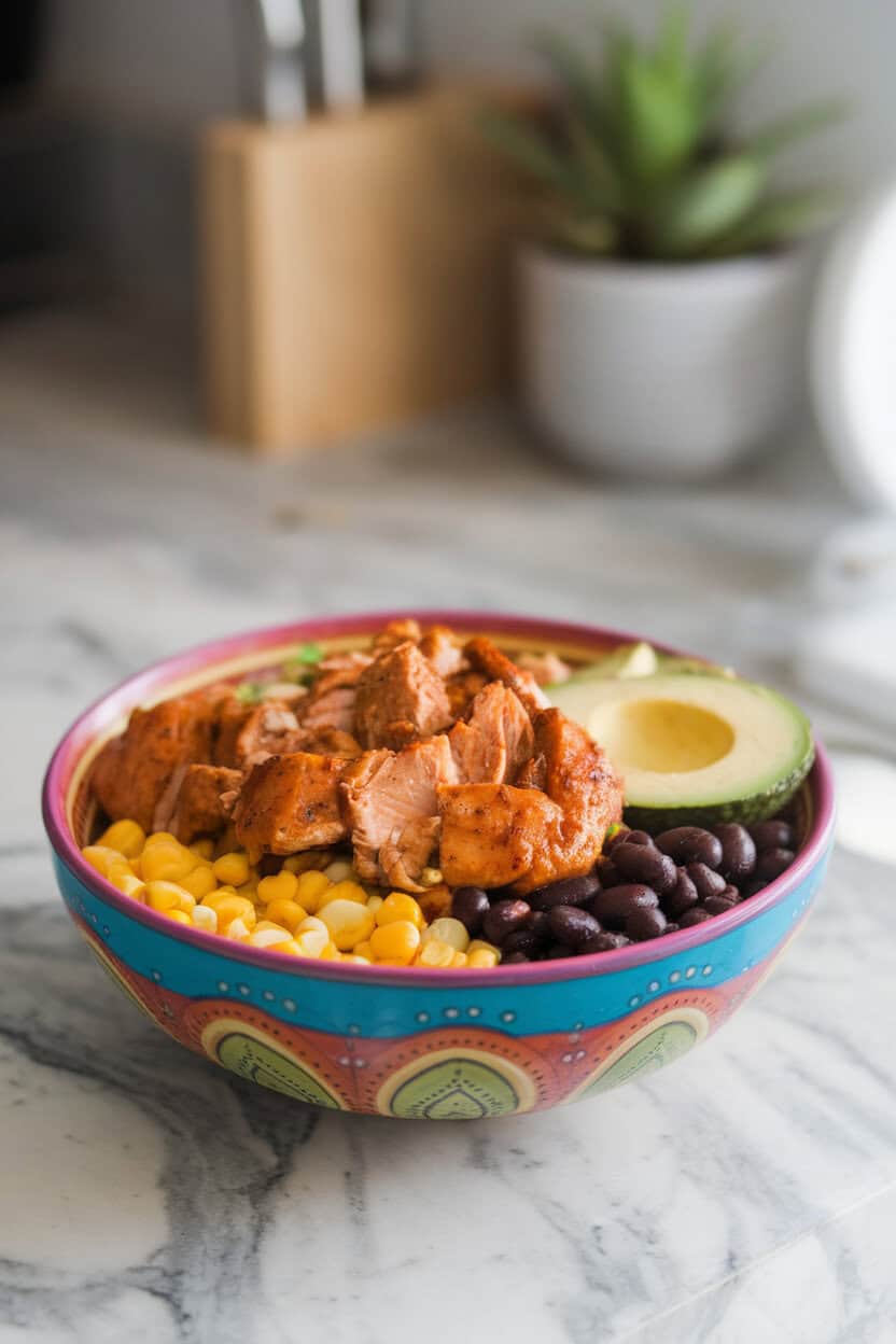 An indoor counter with a colorful burrito bowl containing chipotle-marinated chicken, black beans, corn, and avocado slices; no text or logos; photo