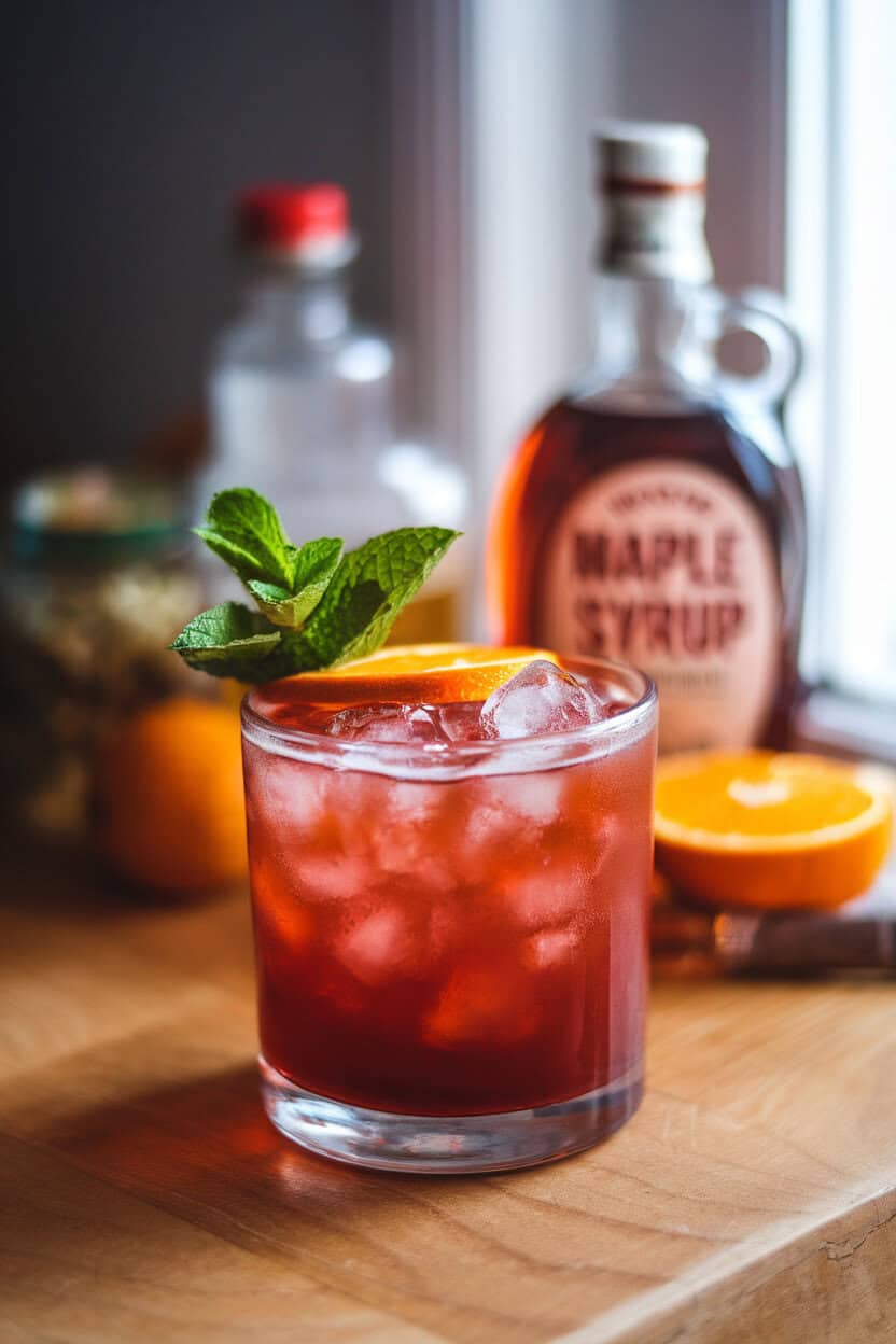 Photo of a rocks glass indoors, bourbon smash over crushed ice, maple syrup bottle in background, sprig of mint and orange slice on top. No text or logos.