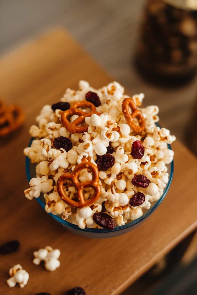 An indoor bowl of popcorn mixed with pretzels, dried cranberries, and roasted nuts, warm overhead light, no logos in scene.