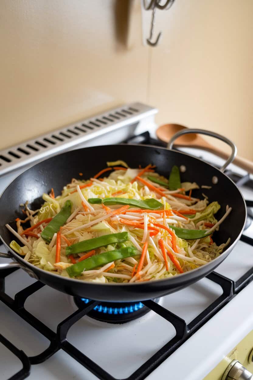 An indoor stovetop scene with a wok full of vibrant stir-fried cabbage, bean sprouts, carrots, and snow peas, steam curling upward. No text or logos in the frame. Photo, not illustration.