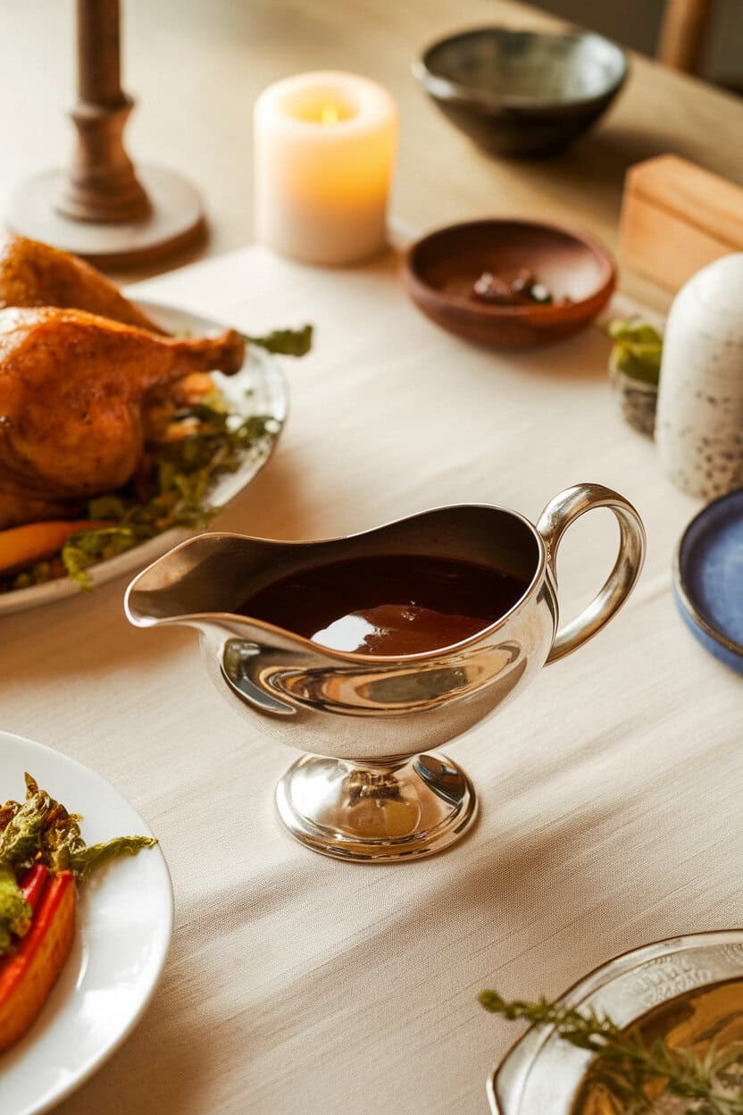 Photo of a gravy boat filled with glossy red wine gravy on a linen-covered indoor table. No text or logos visible.