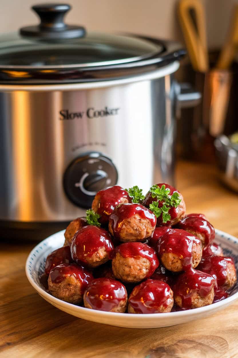 An indoor slow cooker next to a platter of bite-sized meatballs coated in glossy cranberry glaze, garnished with parsley. No text or logos present. Photo only.