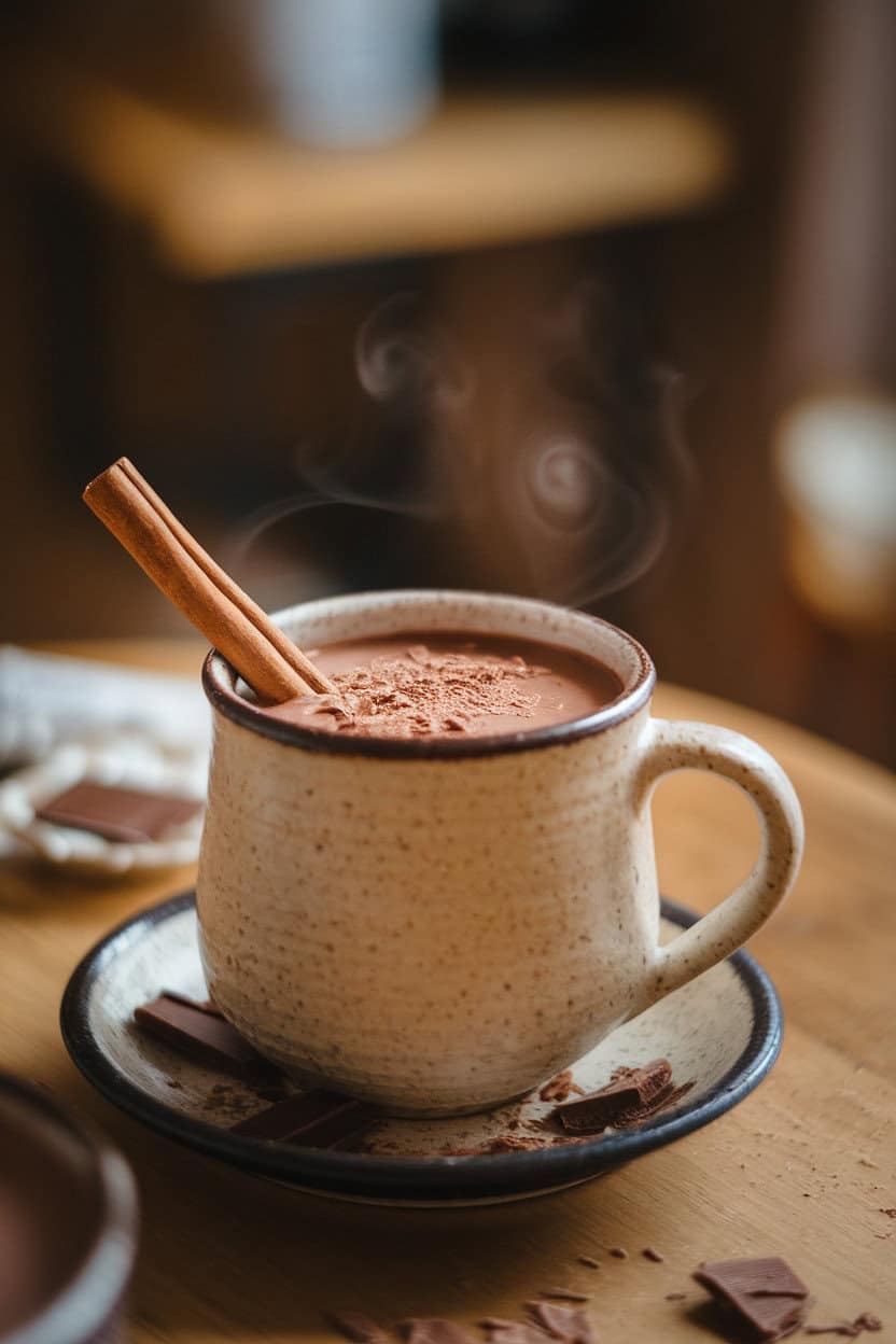A cozy indoor scene of a ceramic mug filled with rich hot chocolate, a cinnamon stick resting inside, gentle steam rising, and scattered chocolate shavings on the saucer. Photo only, no text or logos.