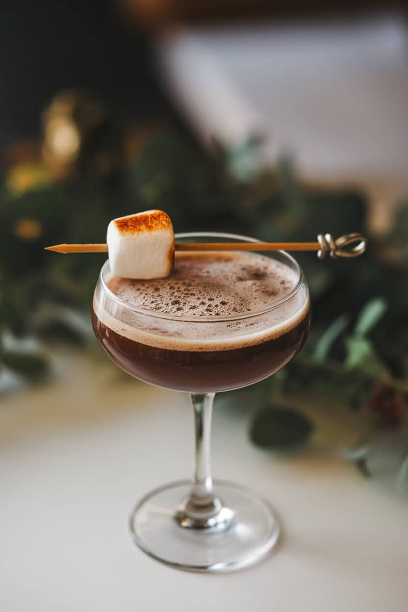 Indoor photo of a coupe glass with a frothy dark brown cocktail, skewered mini marshmallow lightly torched resting across the rim. No text or logos.
