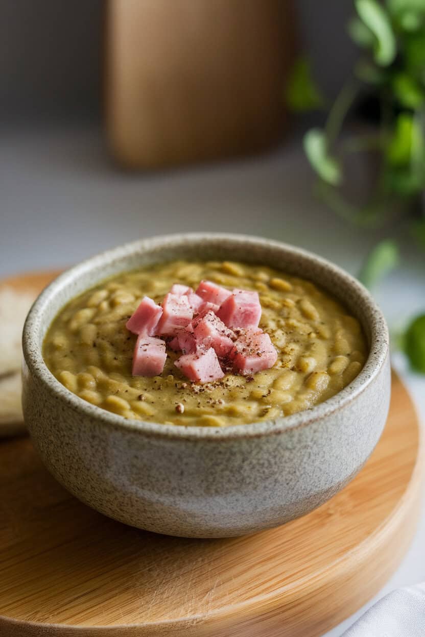 Indoor photo of thick green split pea soup in a stoneware bowl, topped with diced ham and cracked black pepper. No text or logos