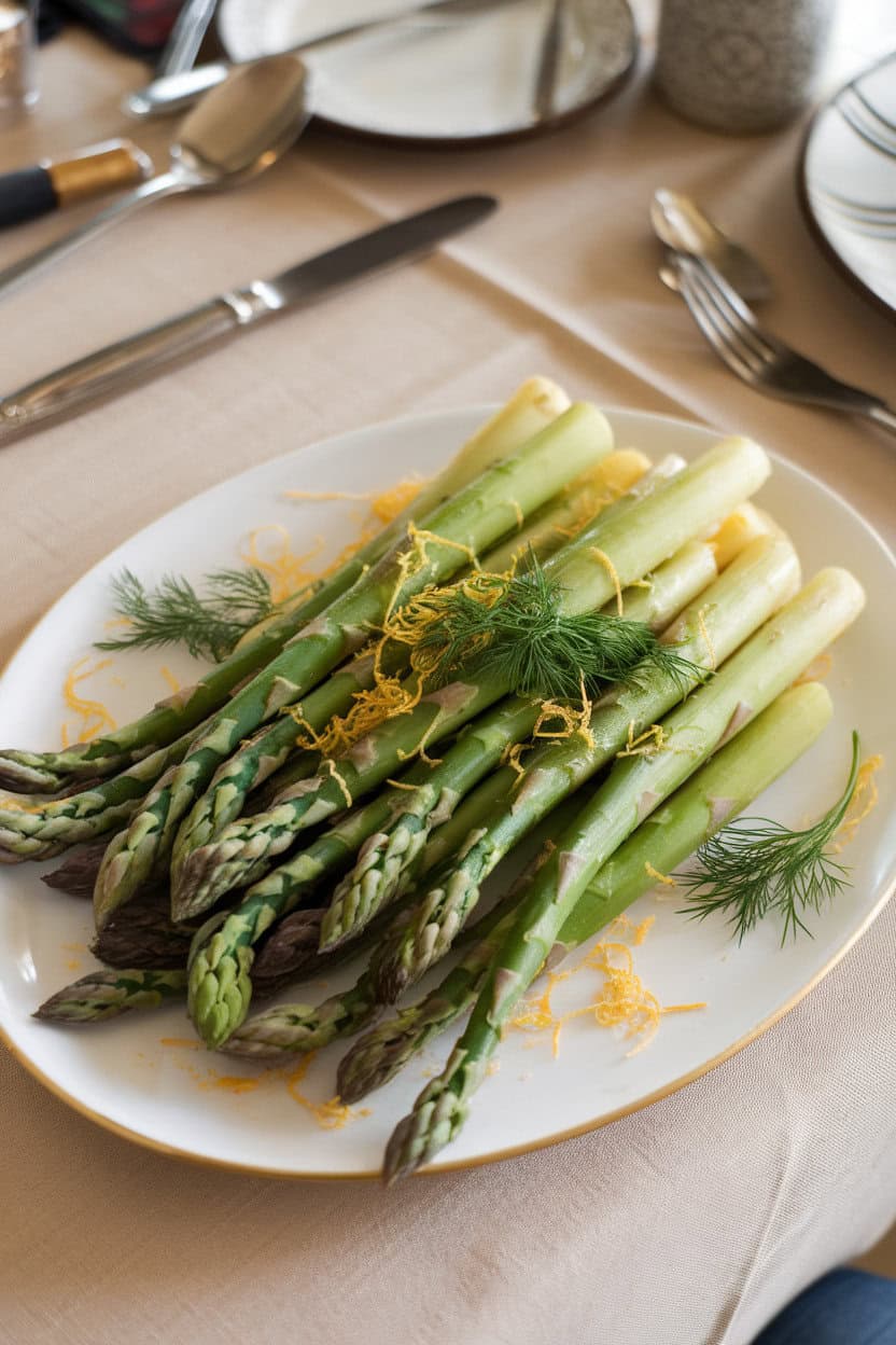 A white platter on an indoor dining table showing tender asparagus spears scattered with lemon zest and fresh dill fronds. No text or logos present. Photo.</Prompt