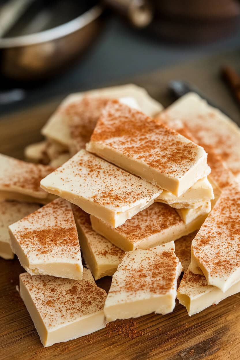 Indoor photo of white-chocolate toffee dusted generously with cinnamon sugar, broken into irregular pieces. No text or logos.