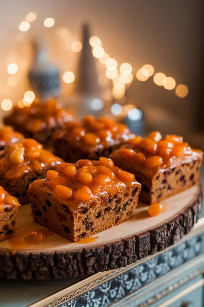 A wooden board indoors with several small fruitcake loaves, glazed with apricot jam and dotted with candied fruit, warm ambient light. No text or brand marks.