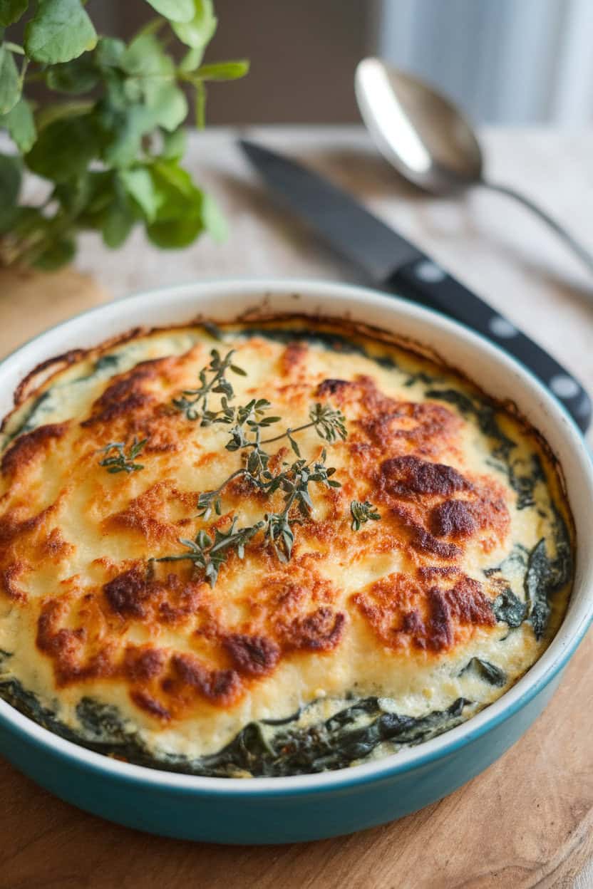 Photo of a shallow gratin dish indoors bubbling with creamy spinach under a browned Gruyère crust, no text or logos.