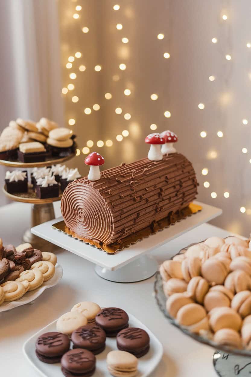 An indoor dessert table featuring a rolled chocolate sponge cake frosted to look like a log, complete with chocolate bark texture and small meringue mushrooms. Soft holiday lights in background, no text or logos. Photo, not illustration.