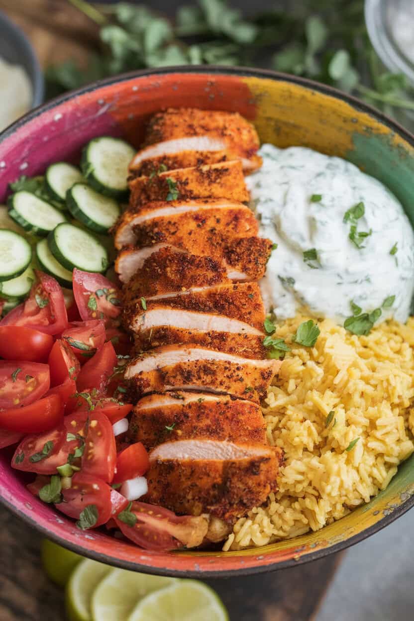 A wide indoor bowl containing spiced chicken strips, tomato-cucumber salad, tzatziki, and lemon rice, arranged in colorful sections. No text or logos visible.