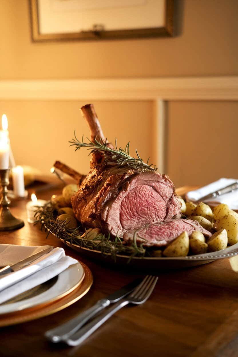 Photo of a warmly lit indoor dining table holding a carved roast leg of lamb garnished with rosemary sprigs and roasted baby potatoes on a platter. No text or logos anywhere in the scene; clearly cooked, not raw.
