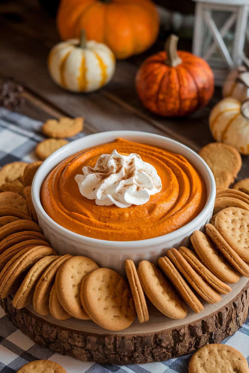 An indoor serving bowl of creamy pumpkin cheesecake dip surrounded by gingersnap cookies, no text or logos in frame.